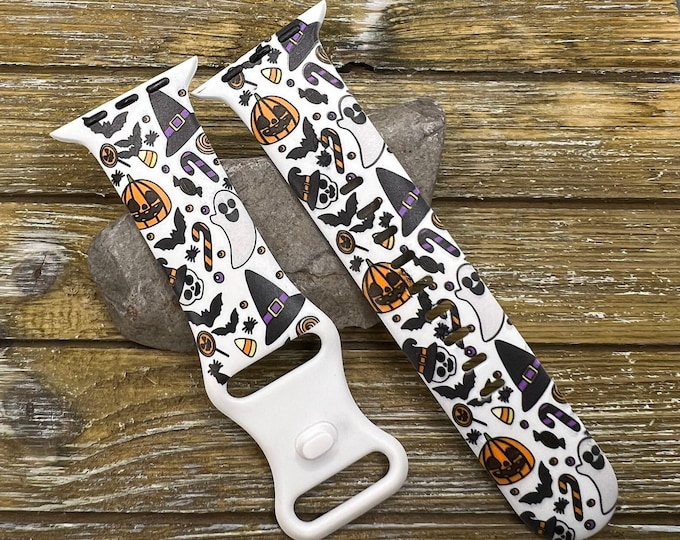 Halloween witches watch band for apple iwatch printed silicone witches ghosts pumpkins skulls goth  38 40 41 42 44 45mm spooky band gift