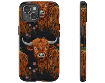 Highland Cow Phone Case Embroidered Effect Western Phone Case Christmas Phone Cover iPhone 15 14 13 12 11 Google Pixel Samsung Gift