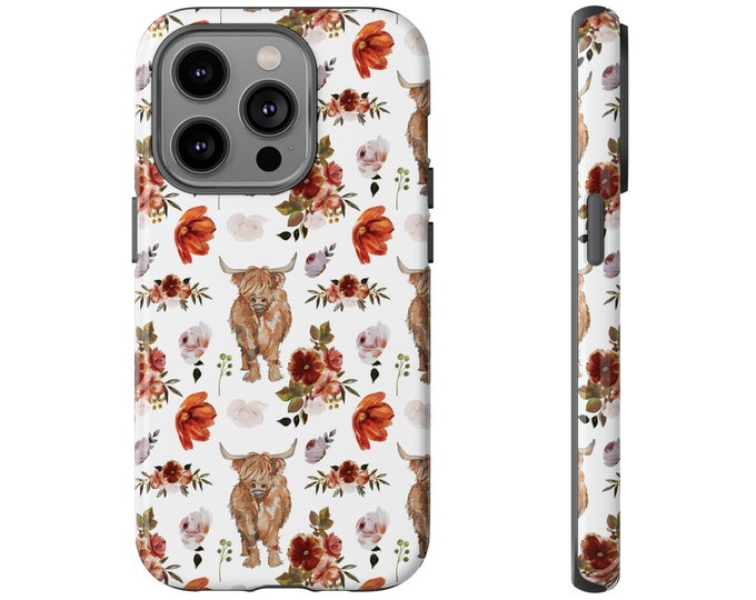 Highland Cow Floral Phone Case Cowgirl Western for iPhone 16 15 Pro Max, 14 Plus, 13, 12, 11, XR, XS & Samsung S25 S24 S23, S22 Gift