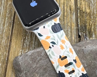 Fall pumpkin watch band for apple watch 38 40 41 42 44 45mm hello fall autumn floral flowers apple watch engraved silicone gift