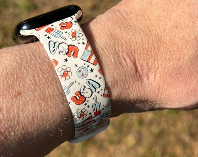4th july usa watch band for apple watch  flower usa red white blue print  boho iwatch samsung band silicone 38/40/41 42/44/45/49 strap women