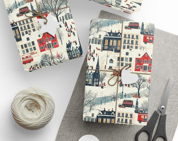Wrapping Papers, Vintage Christmas 1950's Toile Holiday Gift Wrap, Festive Xmas Packaging, Winter Theme Stationery