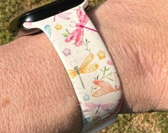 Dragonfly floral silicone band laser engraved, apple watch samsung compatible 20/22 38/40/41mm, 42/44/45mm, series 1,2,3,4,5,6,7,8,9,se,se2