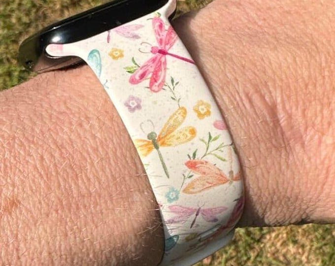 Dragonfly floral silicone band laser engraved, apple watch samsung compatible 20/22 38/40/41mm, 42/44/45mm, series 1,2,3,4,5,6,7,8,9,se,se2