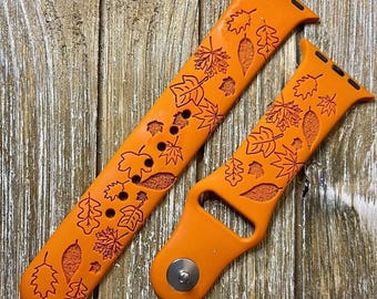 Autumn fall leaves silicone band laser engraved, apple watch compatible 38/40/41mm, 42/44/45mm, series 1,2,3,4,5,6,7,8,9,se,se2