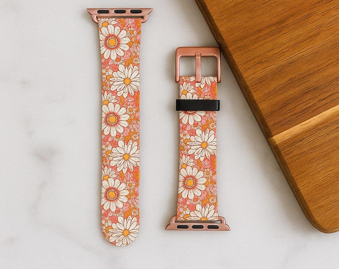 Colorful Retro Flowers Apple Watch Band For All Series- Vegan Leather Apple Watch Straps With Groovy Floral Fusion Design