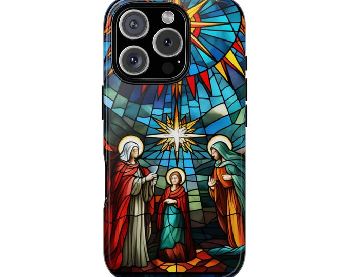 Phone Case, Christmas Nativity Christian Faux Stained Glass Winter Cover, Xmas Gift, iPhone Galaxy Google Pixel, Tough Case, Protective