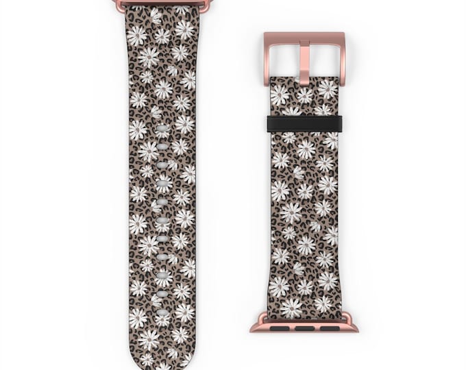 Leopard Floral Apple Watch Band: Faux Leather, Stainless Steel