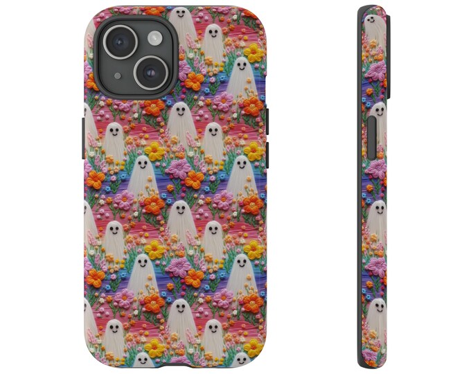 Trippy Spooky Ghosts in Flowers Phone Case |  Faux Embroidery Cute and Spooky Ghost Floral Phone Case | iPhone | Pixel | Samsung Gift