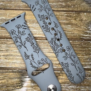 Correa de silicona personalizada para Apple Watch con diseño de flores silvestres (detalle grabado con láser), compatible con las series 1 a 9, SE, SE2 (38/40/41 mm, 42/44/45/49 mm)