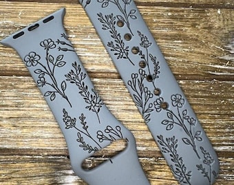 Personalized wildflower silicone apple watch band - laser engraved detail - fits series 1-9, se, se2 - 38/40/41mm, 42/44/45/49 mm gift