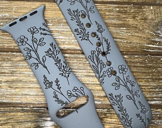 Personalized wildflower silicone apple watch band - laser engraved detail - fits series 1-9, se, se2 - 38/40/41mm, 42/44/45/49 mm gift