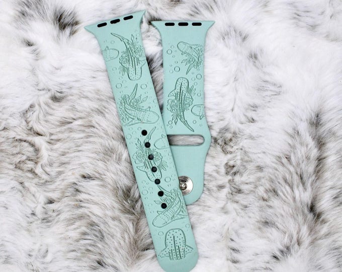 Floral whale shark silicone band laser engraved, apple watch compatible 38/40/41mm, 42/44/45mm, series 1,2,3,4,5,6,7,8,9,se,se2 gift
