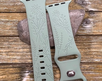 Wildflower  print watch band comp w/ apple watch new design band silicone watch 38/40/41 42/44/45 strap laser engraved ships next day gift