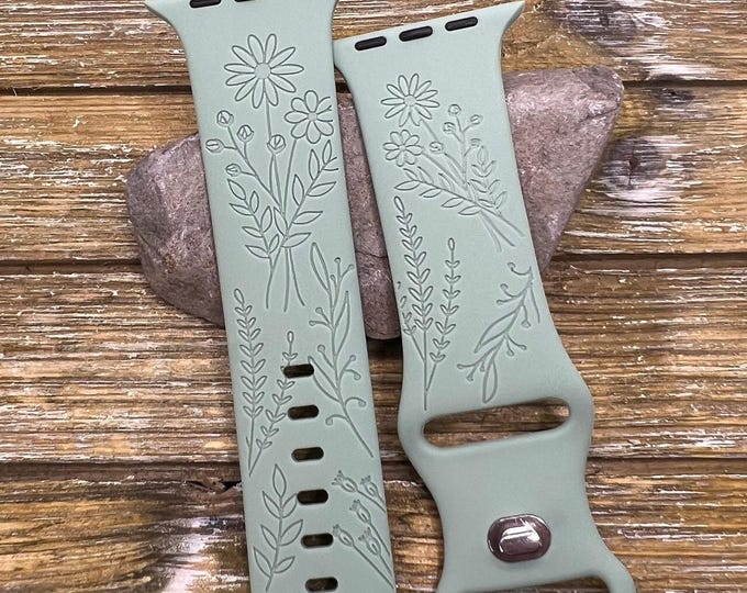 Wildflower  print watch band comp w/ apple watch new design band silicone watch 38/40/41 42/44/45 strap laser engraved ships next day gift