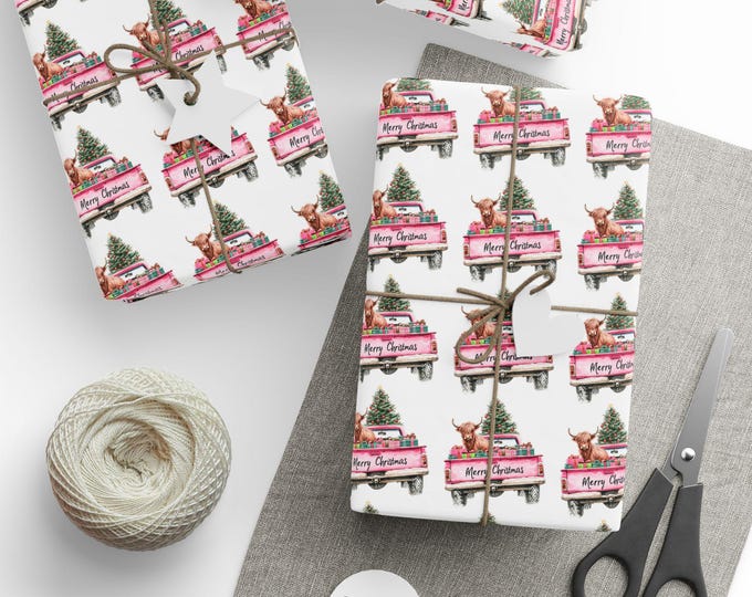Highland Cow Christmas Wrapping Paper, Christmas Gift Wrap, Highland Cow, Cowgirl, Xmas Paper, Gift for Her, Floral Design, Boho Style