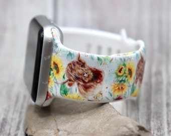 Highland cow Sunflowers watch band for Apple Samsung Flowers western boho Women iwatch strap 40mm 41mm 42mm 44mm 45mm