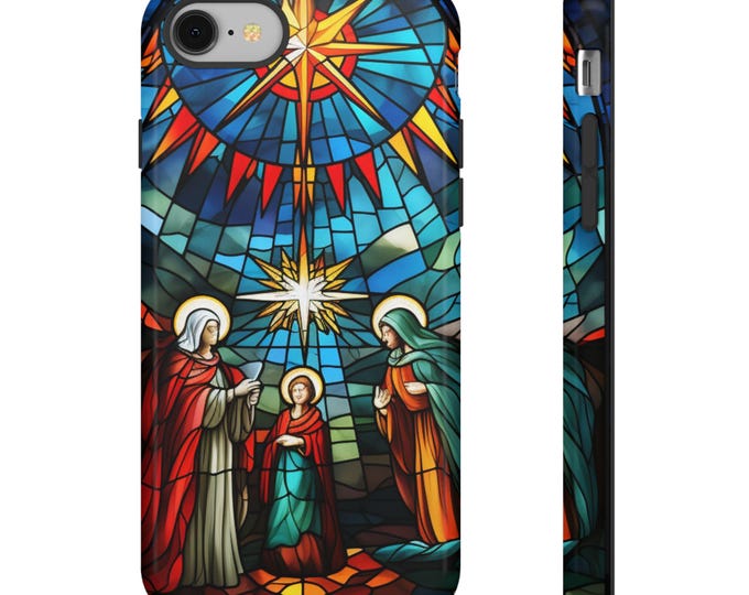 Christmas Phone Case  for iPhone 16 15 14 13  Galaxy S 24 23 22 21 Nativity Christian Faux Stained Glass Winter Cover Christmas Gift
