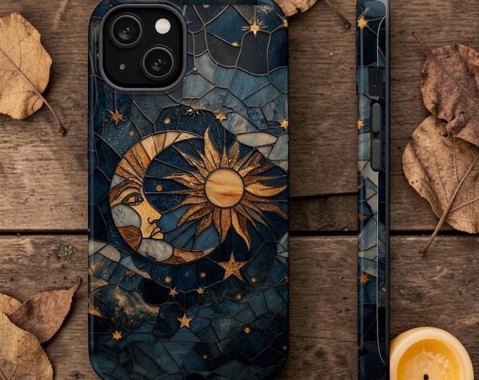 Moon Phone Case for  iPhone 13-17 Faux Stained Glass Moon and Stars ( Magsafe )