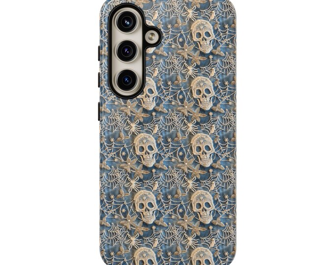 Halloween Skeletons Skull Phone Cover, Vintage Embroidered Look Charm iPhone Pixel Samsung, Halloween Cottagecore, Protective Tough Cases