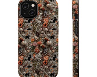 May include: A phone case with a Halloween-themed pattern. The design features skeletons, black cats, pumpkins, and flowers in shades of orange, gray, and black. The case is shown from the front and side, showcasing the detailed print.
