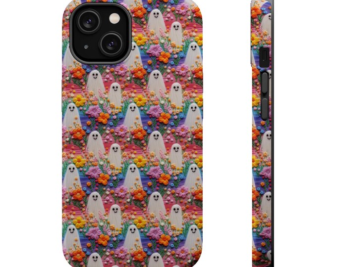 Trippy Halloween in Flowers Phone Case | Faux Embroidery Cute and Spooky Ghost Floral Phone Case | iPhone | Pixel | Samsung  MAG SAFE