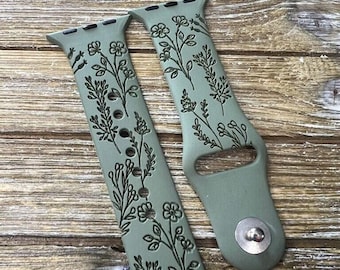 Wildflower silicone band laser engraved, apple watch compatible 38/40/41mm, 42/44/45mm, series 1,2,3,4,5,6,7,8 gift
