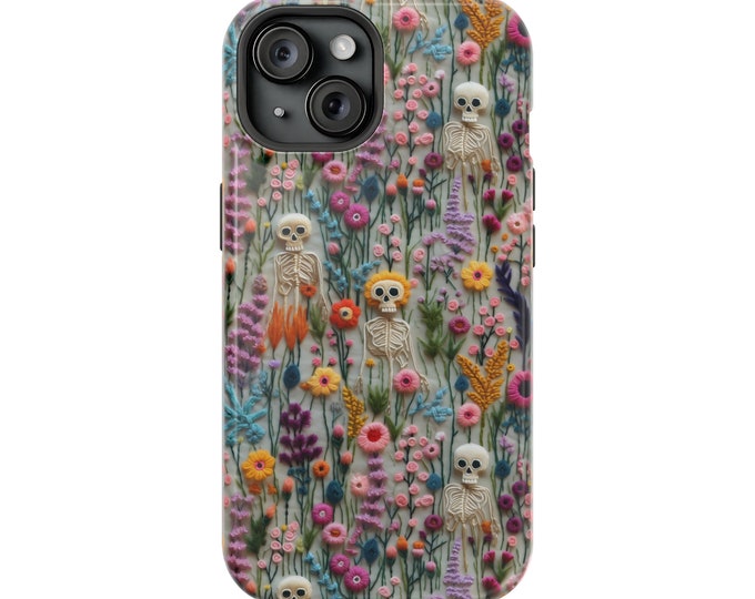 Halloween Skeletons Phone Case iPhone Version Embroidered Floral Charm Phone Cover | Cottagecore Iphone Mag Safe version