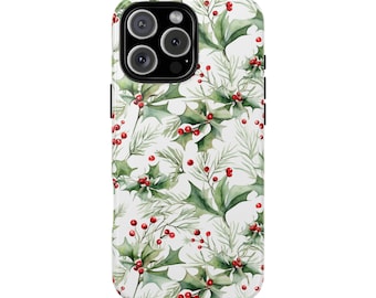 Christmas Holly Phone Case Cover for iPhone 17 16 15 Pro Max, 14 Plus, 13, Samsung S25 S24, S23, S22, A54, A53, Pixel 9 8, 7