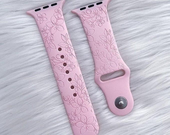 Spring Cherry Blossom Apple Watch Band  Engraved Silicone – Compatible with 38/40/41mm & 42/44/45/49mm (Series 1-9, SE) Floral Gift for Her