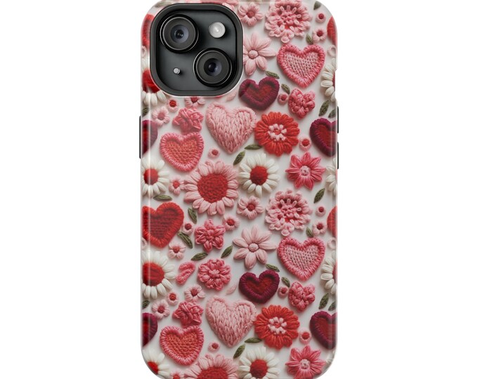 Hearts Flowers Valentines Embroidery Phone case for iPhone Samsung MagSafe Tough Cases