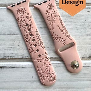 Floral Wildflower Watch Band for Apple Watch – Engraved Silicone Strap (38/40/41, 42/44/45mm) – Mother’s Day Gift