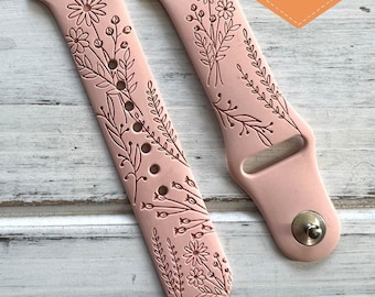 Spring Wildflower Watch Band for Apple Watch – Engraved Silicone Strap (38/40/41, 42/44/45mm) – Mother’s Day Gift