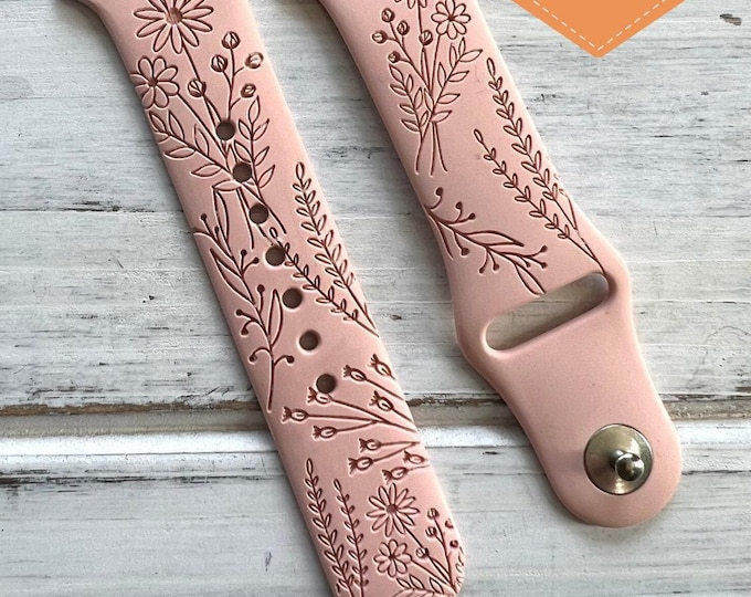 Spring Wildflower Watch Band for Apple Watch – Engraved Silicone Strap (38/40/41, 42/44/45mm) – Mother’s Day Gift