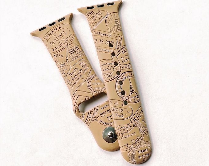 Travel-themed apple watch band | laser engraved strap with airplane design | fits series 1-10 & ultra 38mm-49mm | travel gifts for him her