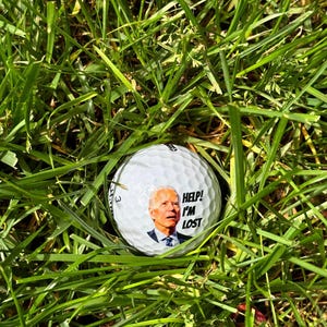 Puede incluir: Una bola de golf blanca con una imagen de un hombre en ella. El texto en la bola dice "Help! I'm Lost". La bola est&aacute; sentada en la hierba verde.
