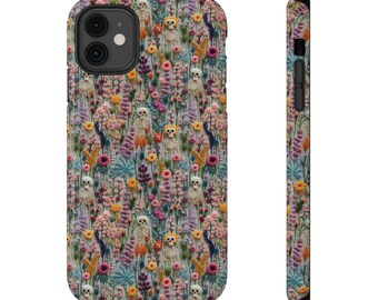 Halloween Phone Case, Vintage Skeletons in Bloom Embroidered Look Floral Charm Phone Cover, Gothic Cottagecore, iPhone Mag Safe Samsung Gift