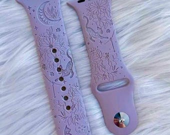 Celestial Cats Apple Watch Band: Laser Engraved Silicone Floral Design