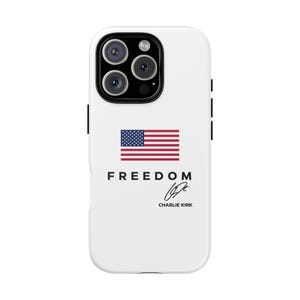 May include: White phone case featuring the American flag and the word "FREEDOM" in black capital letters. The case also includes a signature and the name "CHARLIE KIRK" in black.