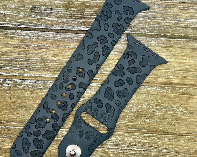 Leopard Apple Watch Band - Engraved Cheetah Print Band, Fits Series 1-10 (38mm-49mm), Black Leopard Watch Strap Gift for Women