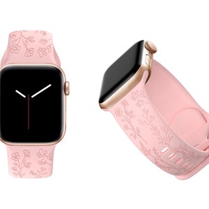 Wildflower Silicone Band Laser Engraved, Apple Watch Compatible 38/40/41mm, 42/44/45mm, Series 1,2,3,4,5,6,7,8