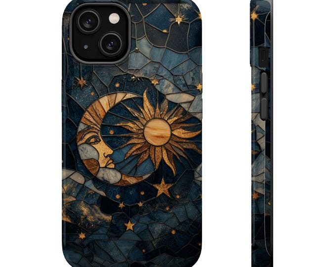 Celestial Moon & Stars Phone Case: Faux Stained Glass, MagSafe Compatible