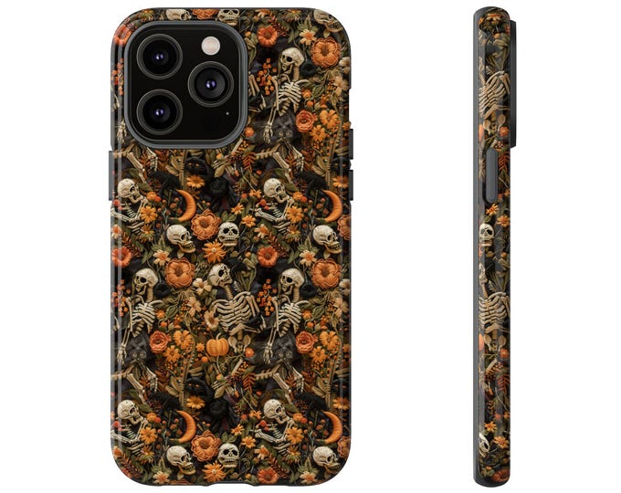 Vintage Embroidered Skeleton Floral Phone Case for iPhone & Samsung - Halloween Cottagecore Charm