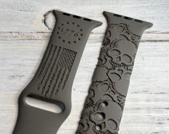 Skulls flag usa patriotic 1776 apple watch band silicone military usmc father's day gift men engraved 38 44 41 42 44 45 49mm series 1 - 9