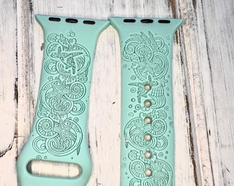 Sea turtle watch band, laser engraved silicone, coastal beach gift idea, compatible series 1-9 fits sizes 38-45 mm gift