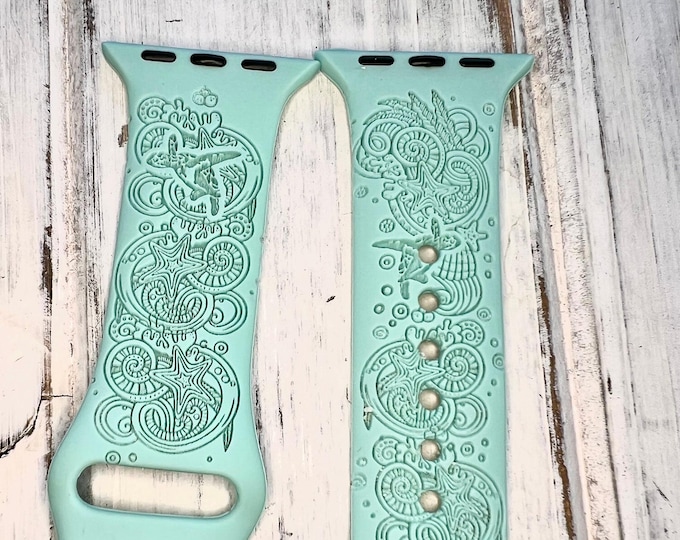 Sea turtle watch band, laser engraved silicone, coastal beach gift idea, compatible series 1-9 fits sizes 38-45 mm gift