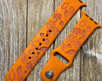 Autumn fall design silicone band laser engraved, apple watch compatible 38/40/41mm, 42/44/45/49mm, series 1,2,3,4,5,6,7,8,9,se,se2