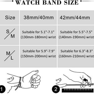 May include: A watch band size guide with text and illustrations. The guide shows sizes for 38mm/40mm and 42mm/44mm watch bands, with wrist size recommendations in inches and millimeters. Illustrations demonstrate how to measure the wrist.