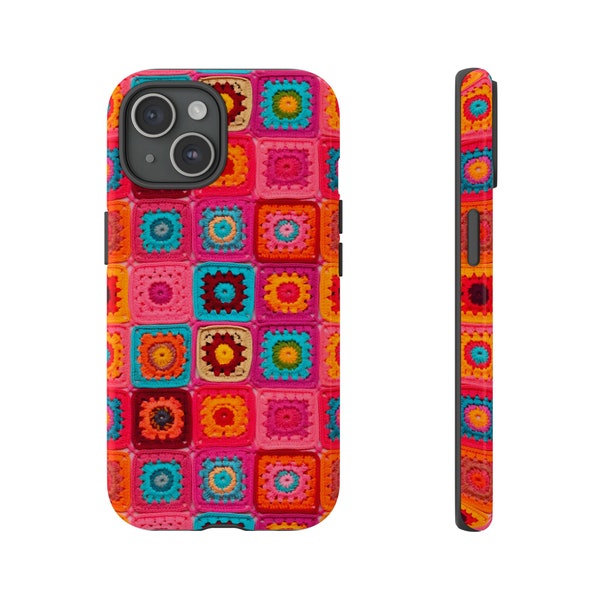 Crochet Blanket Knit Phone Case | Faux Knit Granny Square |Vintage Cottagecore Phone Cover | Warm Retro Fall Colors | iPhone | Pixel Samsung