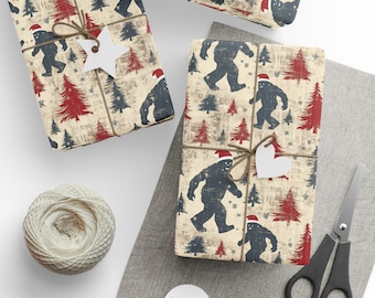 Papel de regalo navideño con divertido Bigfoot Sasquatch / Papel de regalo rústico con diseño de bosque para hombres y mujeres / Decoración navideña para amantes de la naturaleza